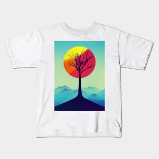 Lonely Tree in Misty Mountains at Dusk Vibrant Colored Whimsical Minimalist - Abstract Minimalist Bright Colorful Nature Poster Art of a Leafless Branches Kids T-Shirt